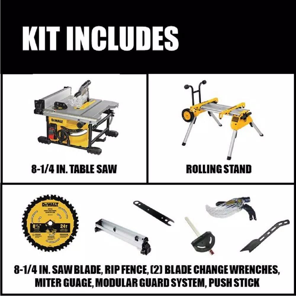 DEWALT 15 Amp 8-1/4 in. Compact Corded Jobsite Table Saw with Heavy-Duty Rolling Stand