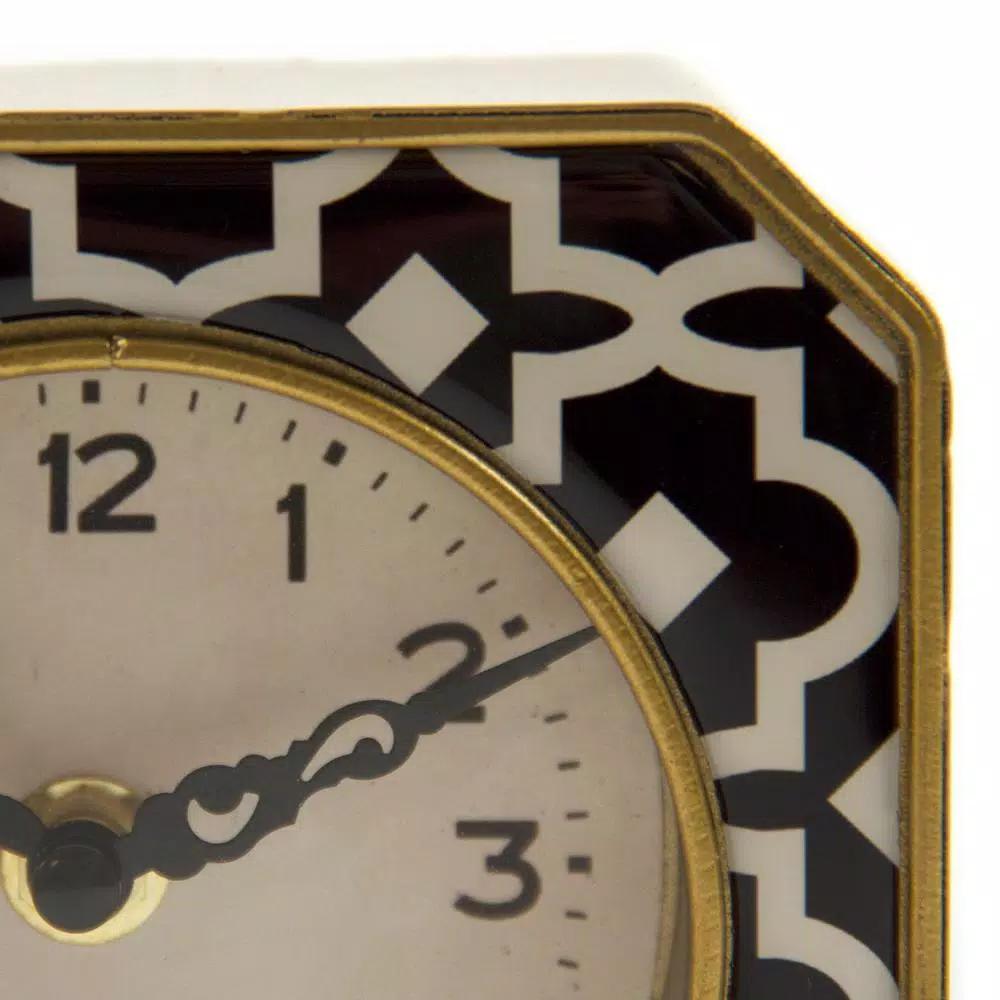Zentique Black and White Patterned Analog Desk Clock with Gold Trim, 5x5 in.