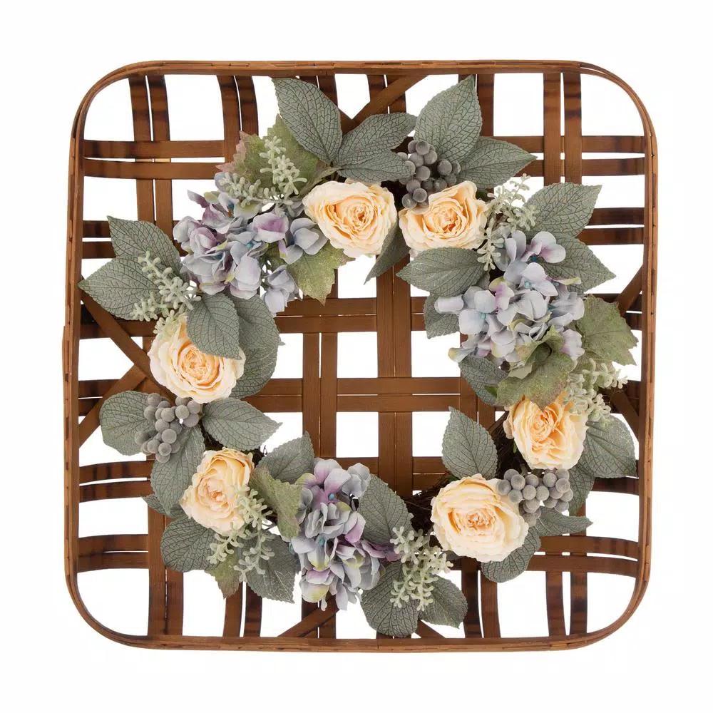 Glitzhome 22 in. Hydrangea Rose Wreath with 24 in. Bamboo Tobacco Basket Set