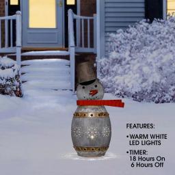 Alpine Corporation 30 in. Weathered Metal Barrel Snowman Sculpture with Warm White LED Lights thumbnail 4