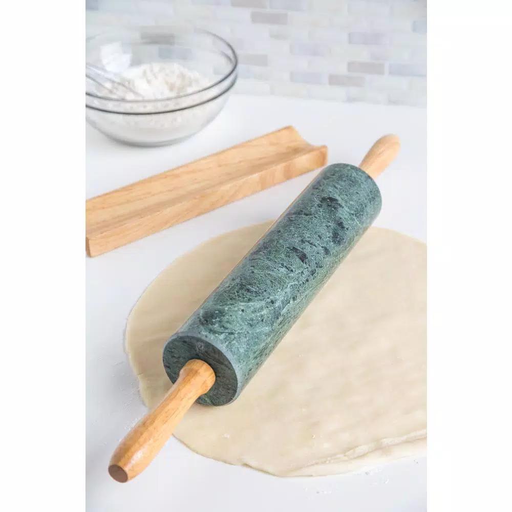 Fox Run Green Marble Rolling Pin with Wooden Handles and Base