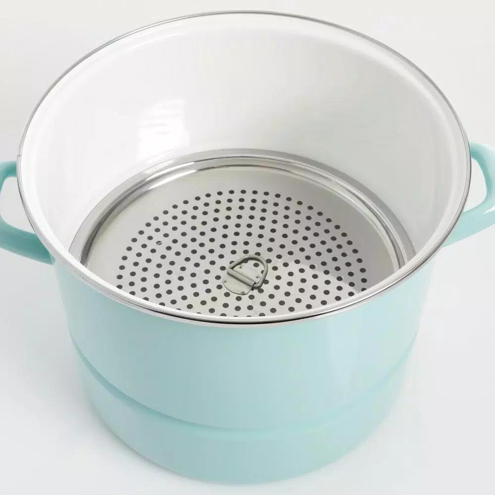 Kenmore 16-Quart Steel Stock Pot Set with Steamer Insert and Glass Lid, Broadway Blue