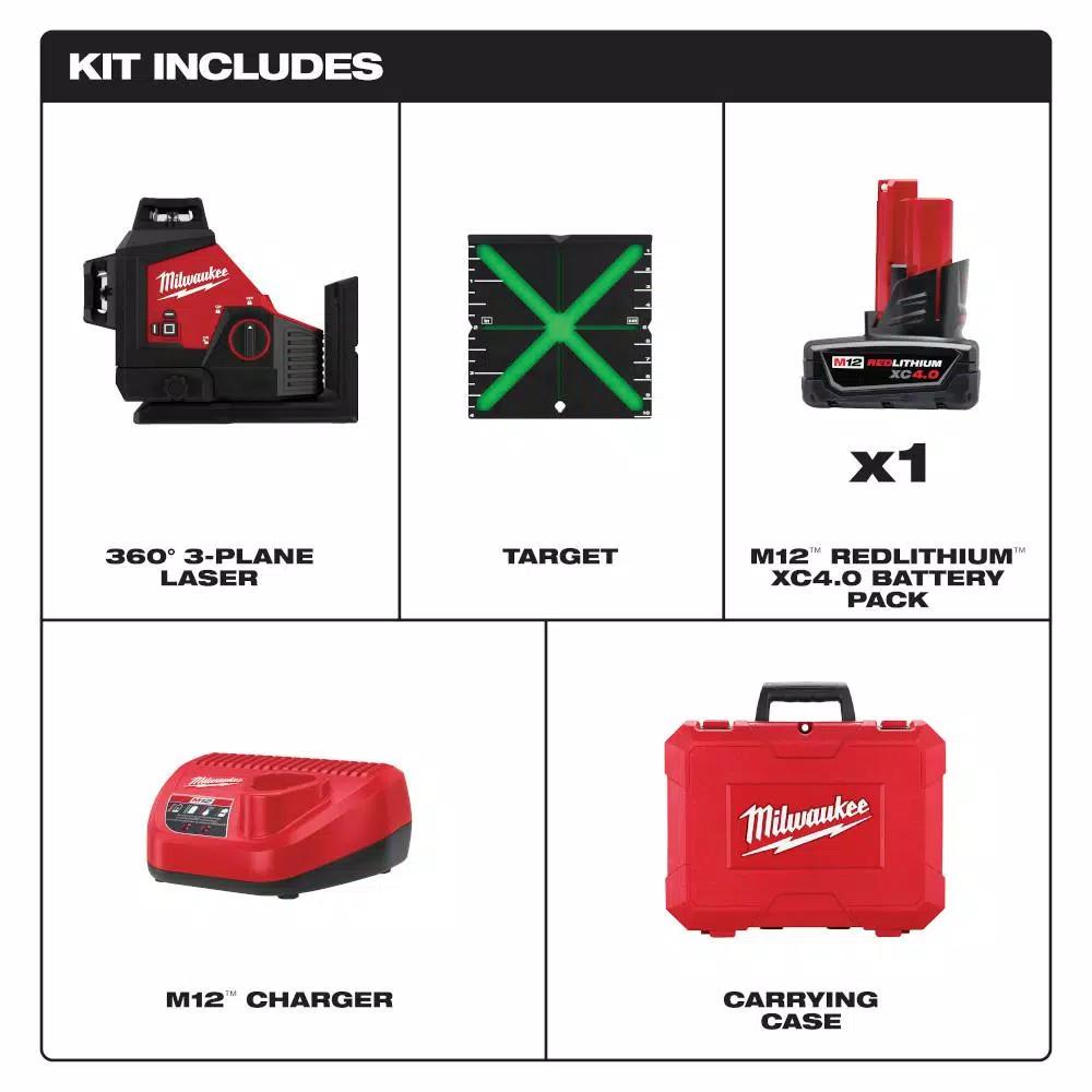 Milwaukee M12 Green 360° 3-Plane Laser Level Kit with 4.0 Ah Battery, Charger, and Case
