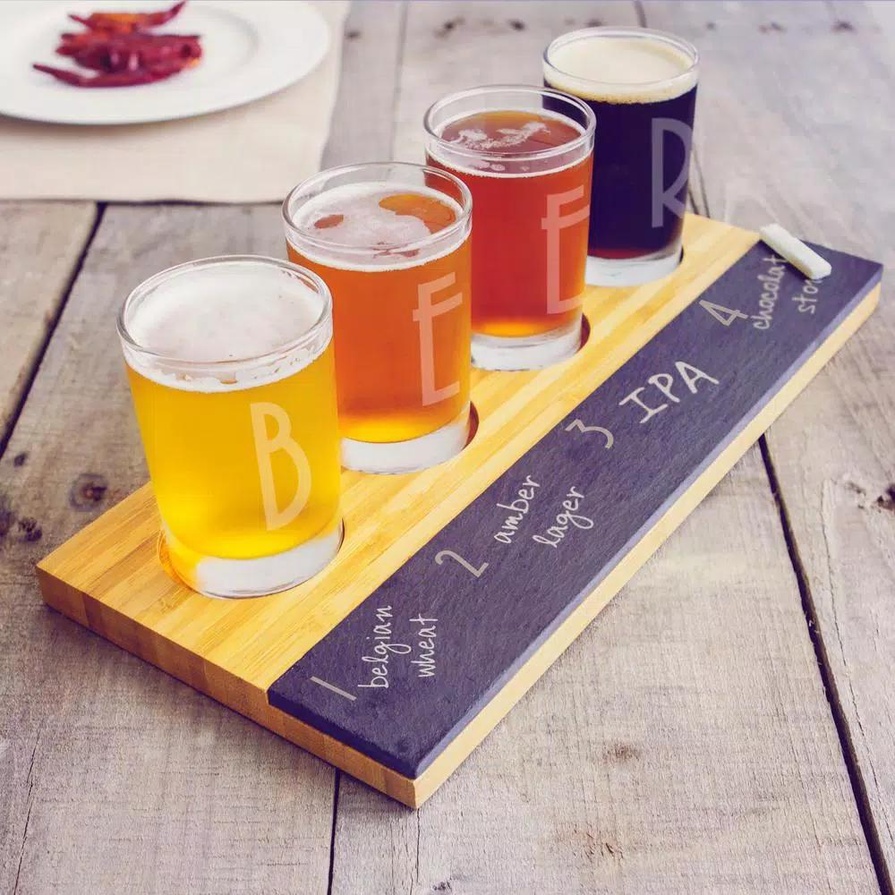 Cathy's Concepts Bamboo and Slate Craft Beer Tasting Flight Set with 4 Engraved 5.5 oz. Taster Glasses