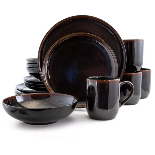 Elama Midnight Beach 16-Piece Metallic Black Stoneware Dinnerware Set, Service for 4