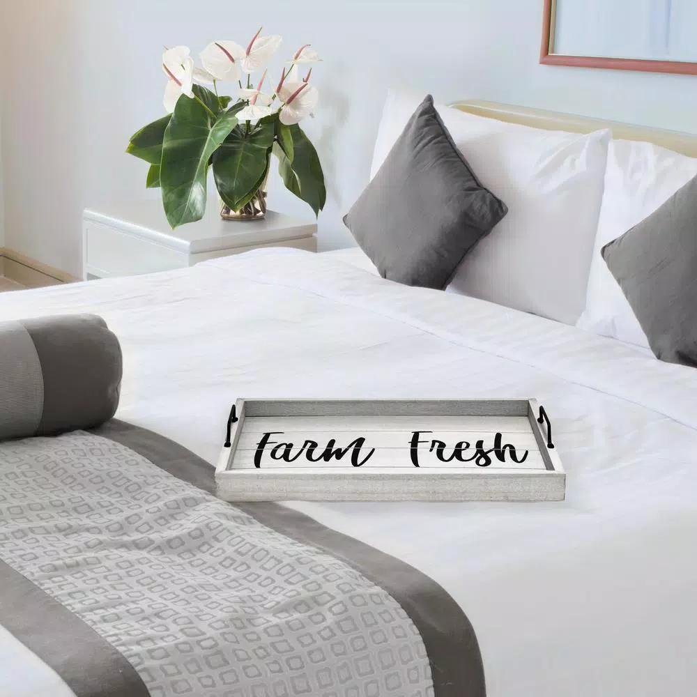 Elegant Designs Farm Fresh Gray Wash Decorative Wood Serving Tray with Black Metal Handles
