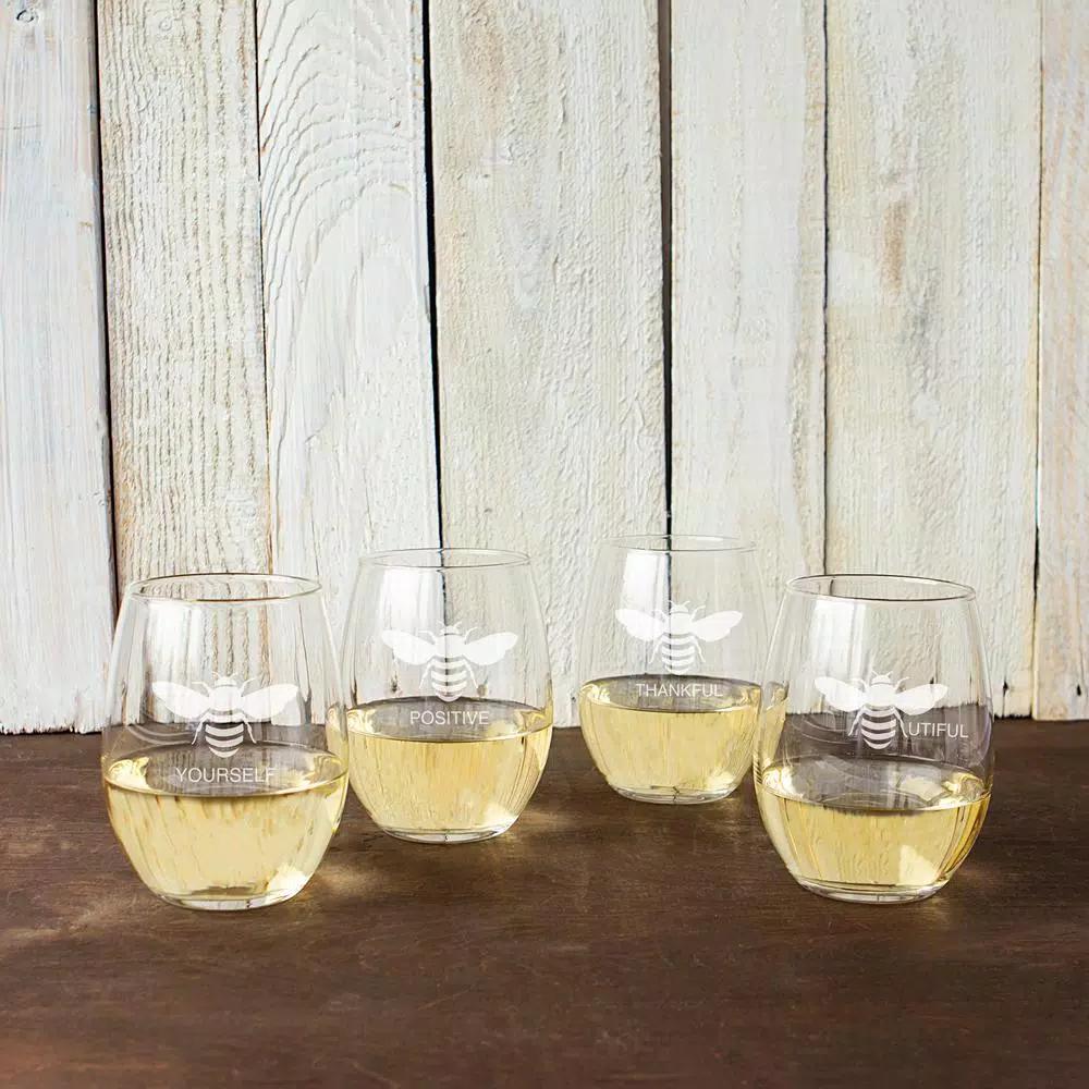 Cathy's Concepts Bee Thankful Stemless Wine Glasses, Set of 4, 21 oz. Hand-Blown Glassware