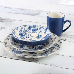 Thomson Pottery Laura Blue 16-Piece Stoneware Dinnerware Set - Old English Rose Design, Service for 4 thumbnail 2