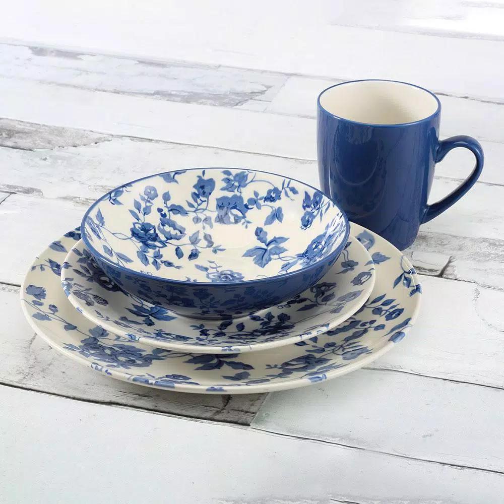 Thomson Pottery Laura Blue 16-Piece Stoneware Dinnerware Set - Old English Rose Design, Service for 4
