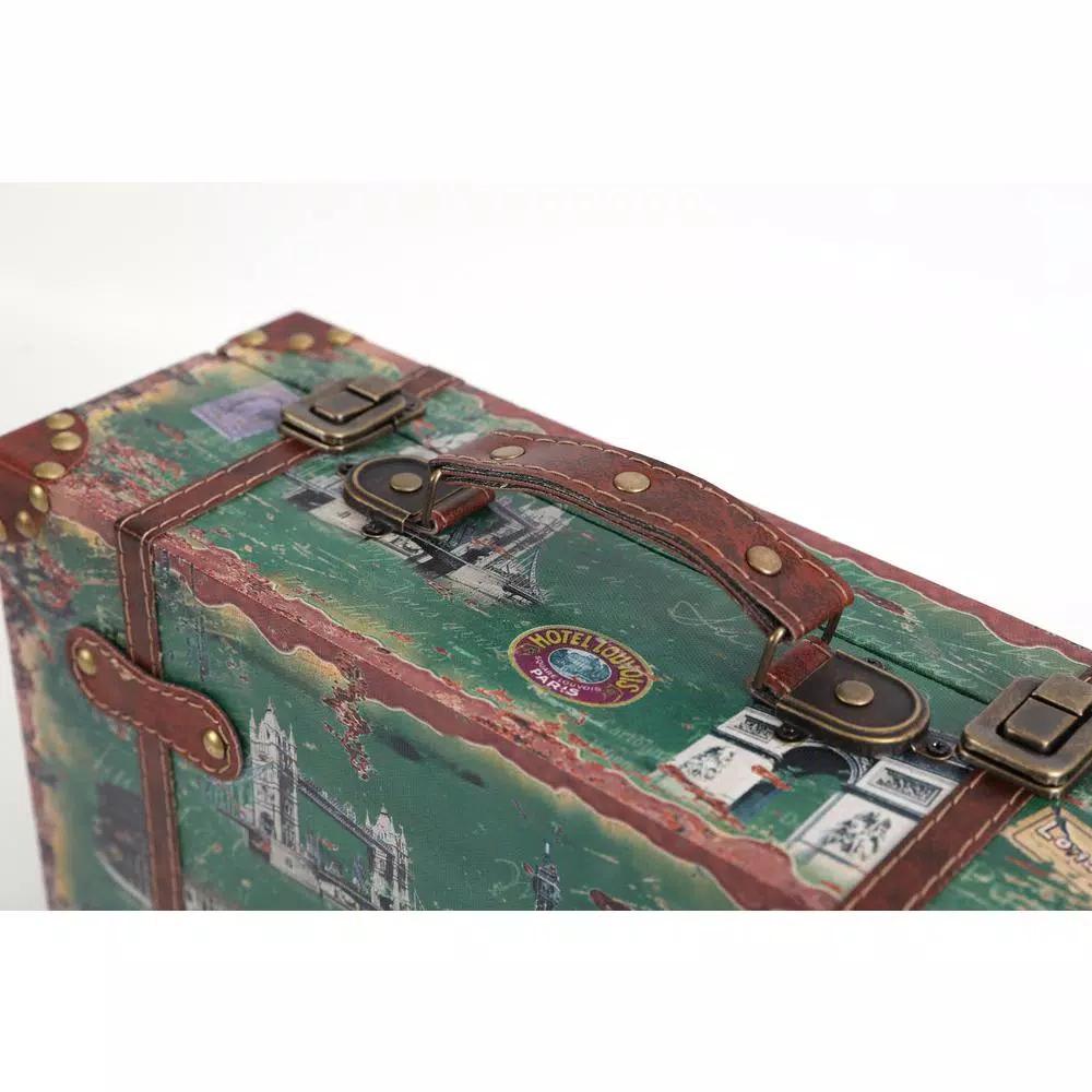 Vintiquewise Set of 2 Vintage-Style World Map Wooden Suitcase Trunks with Leather Straps - Green