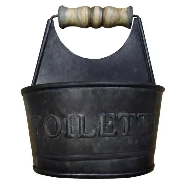 Benzara Dark Gray Iron Toilet Caddy with Wooden Handles and Embossed Tiolette Text