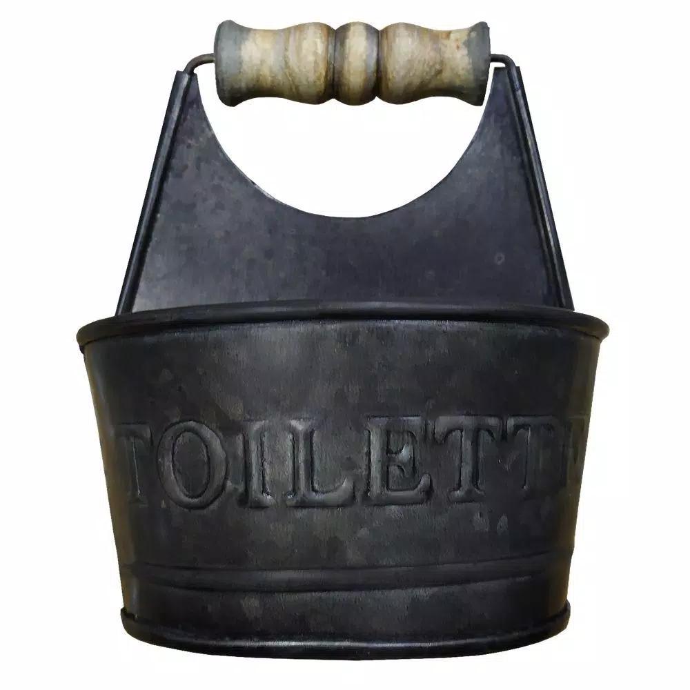 Benzara Dark Gray Iron Toilet Caddy with Wooden Handles and Embossed Tiolette Text