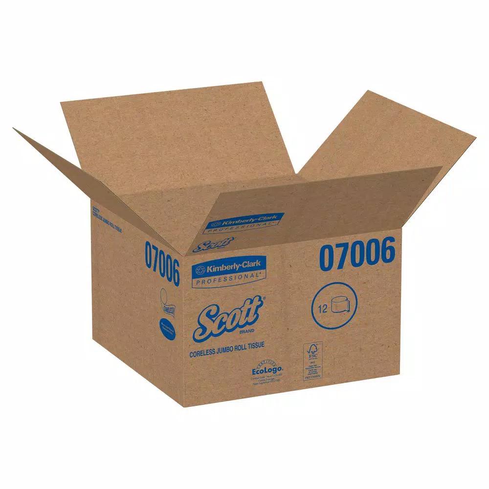 Scott Jumbo Roll White 2-Ply Coreless Toilet Paper, 12 Rolls Per Carton