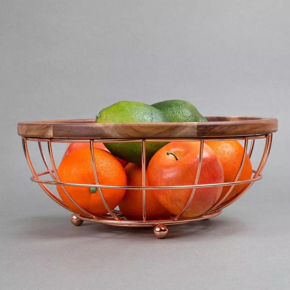 Creative Home Deluxe Acacia Wood and Copper Plated Iron Wire Fruit Basket Bowl