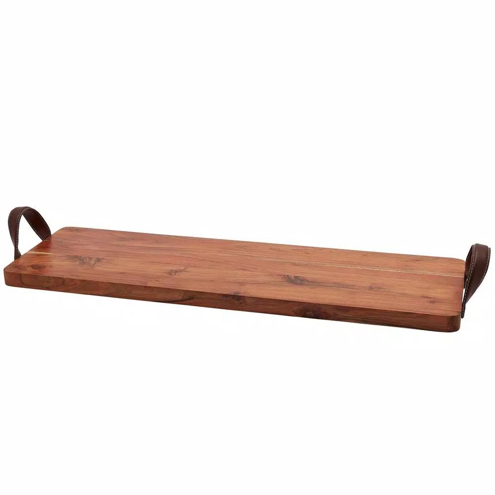 Mason Craft & More 33 in. Acacia Wood Serving Tray with Faux Leather Handles