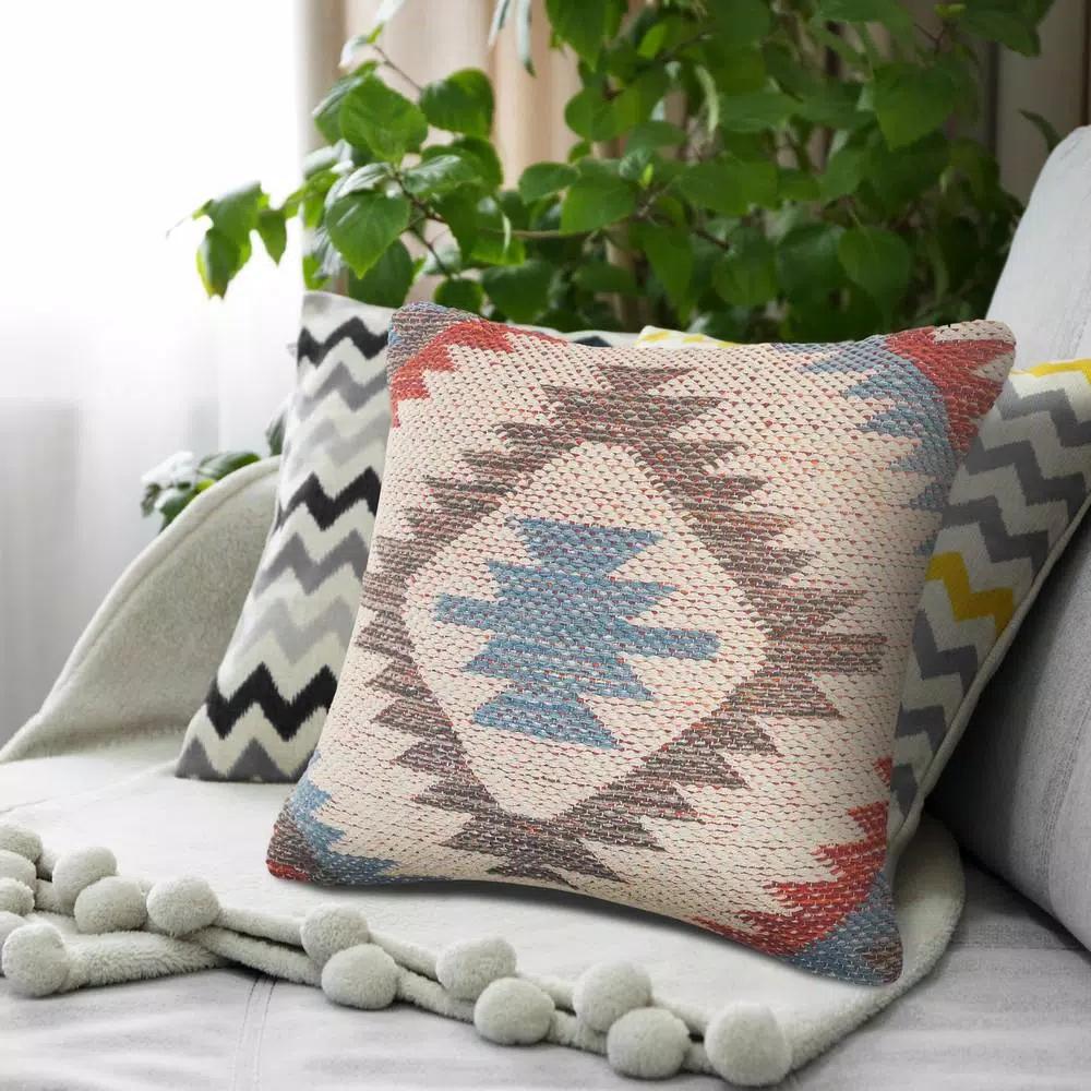 LR Home Southwestern Red Blue Gray Graphic Throw Pillow - 18 x 18 in. Cotton Square Accent Pillow