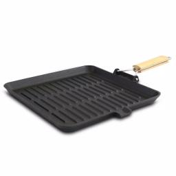General Store Addlestone 14 in. Square Cast Iron Grill Pan with Foldable Wooden Handle, Black thumbnail 1