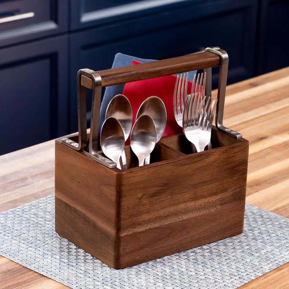 Honey-Can-Do Acacia Wood and MDF Kitchen Utensil Holder with Gunmetal Steel Accents