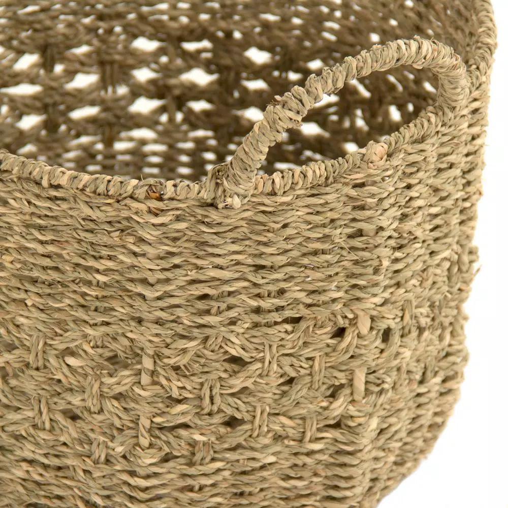 Zentique Handmade Round Woven Seagrass Wicker Basket with Handles, Brown