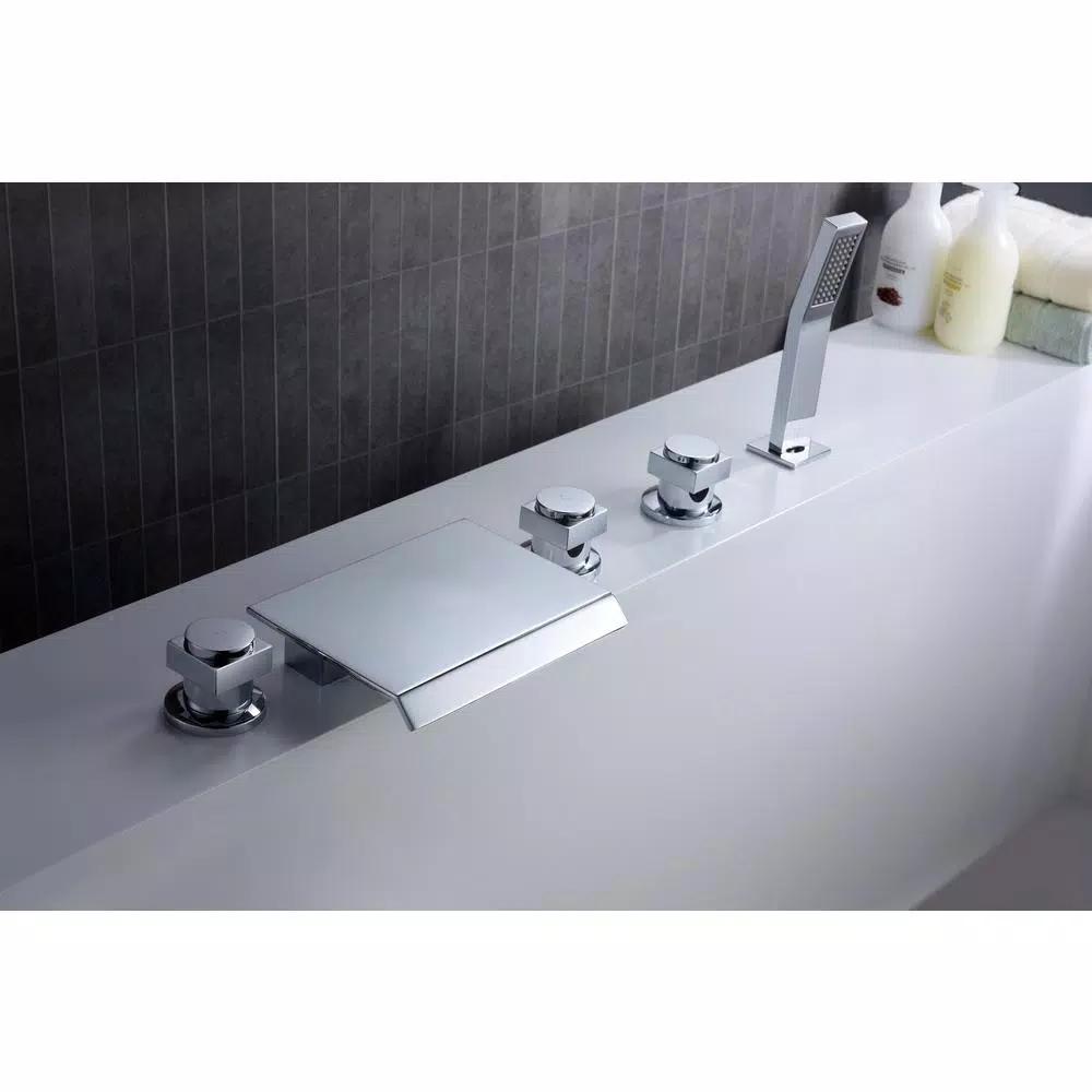 ANZZI Guaira 3-Handle Deck-Mount Roman Tub Faucet with Waterfall Spout and Handheld Sprayer, Polished Chrome