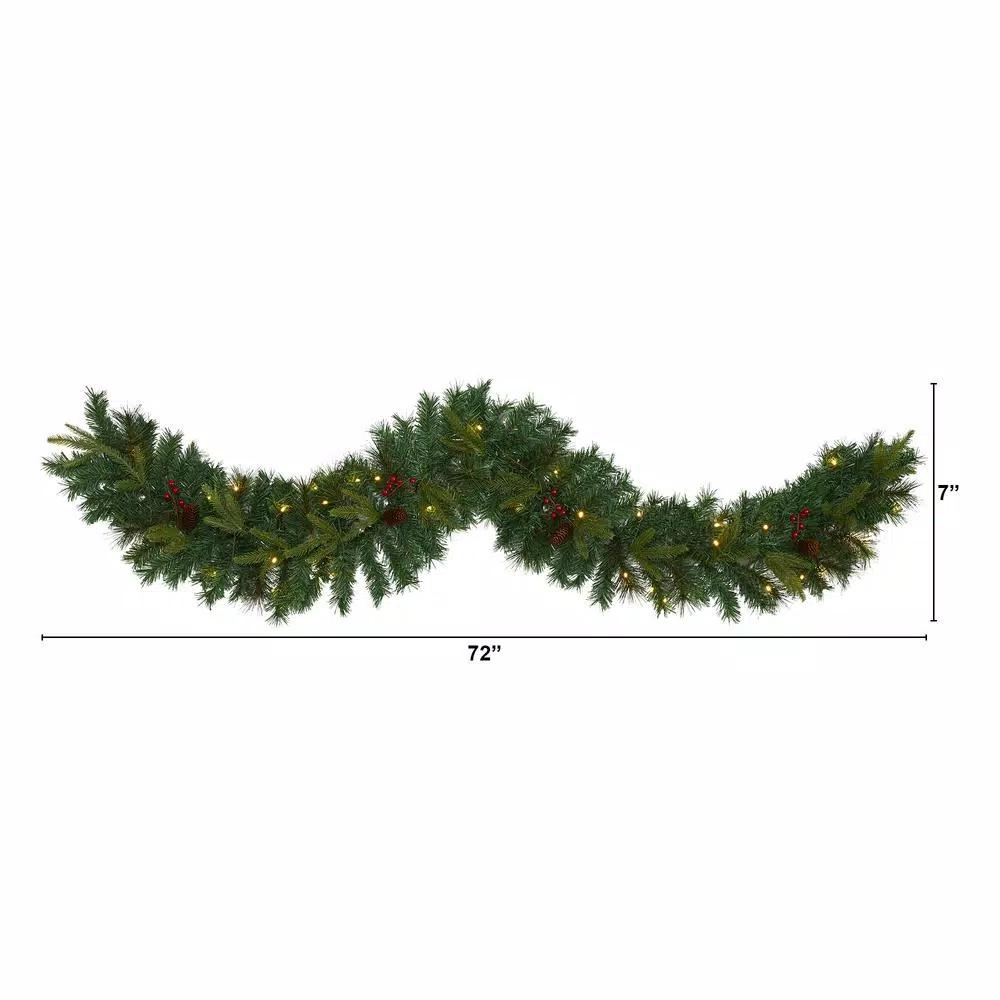 Nearly Natural 6 ft. Pre-lit Mixed Pine Artificial Christmas Garland with LED Lights, Berries and Pinecones