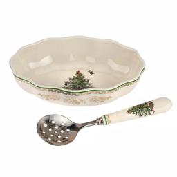Spode Christmas Tree 8 in. Cranberry Dish with Slotted Server 2-Piece Set thumbnail 3