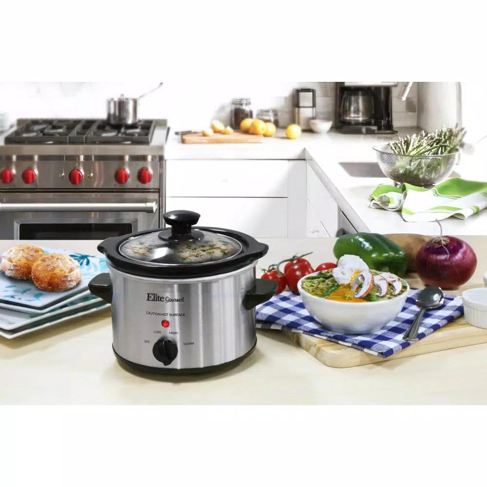 Elite 1.5 Qt. Stainless Steel Mini Slow Cooker with Removable Stoneware Pot