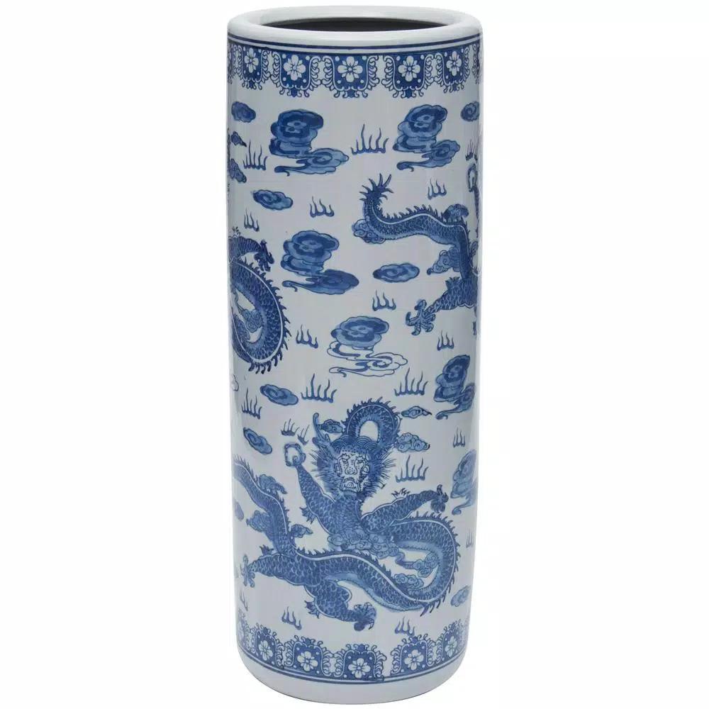 Unbranded 24 in. Blue and White Porcelain Dragon Umbrella Stand and Floor Vase