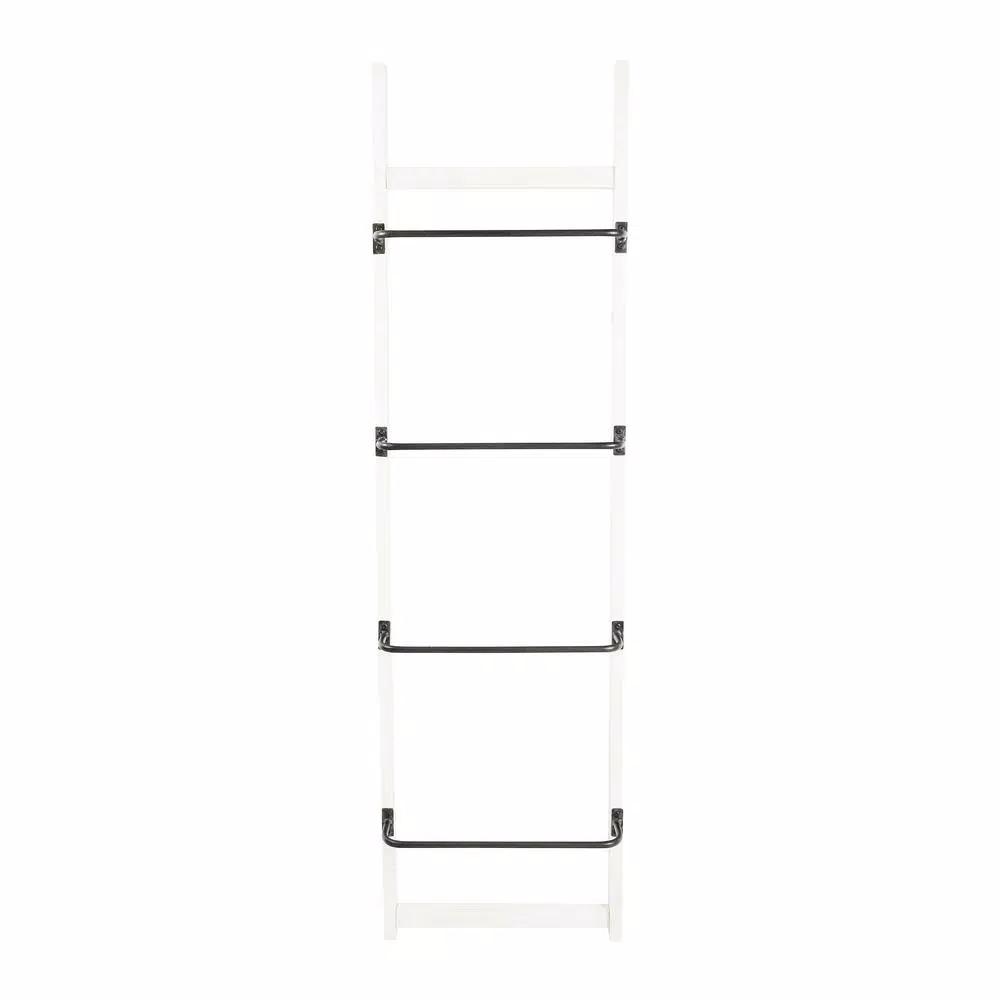 3R Studios 4-Bar Wall Mounted Towel Rack, Distressed Off-White Wood with Black Metal Bars