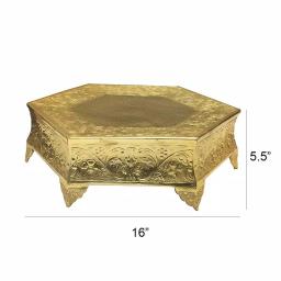 Benzara 16 in. Hexagonal Gold Metal Wedding Cake Stand with Embossed Art Detail thumbnail 6