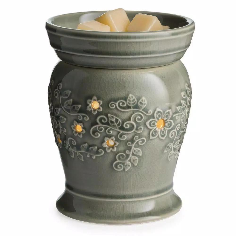 Candle Warmers Etc Perennial Illumination Fragrance Warmer - Jade Green Crackle Glaze with Floral Design