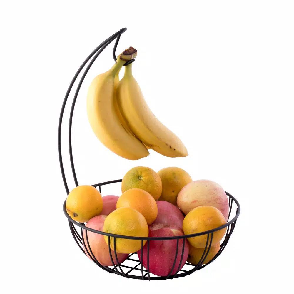 Basicwise Wire Metal Fruit Basket Holder with Integrated Banana Hanger - Black