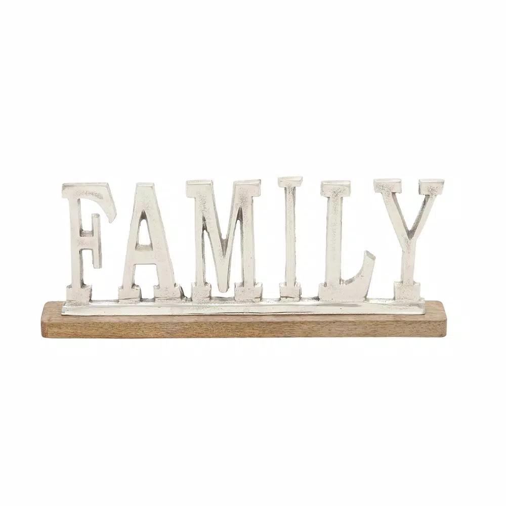 LITTON LANE 15 in. Silver Aluminum FAMILY Standing Sign with Oak Brown Mango Wood Base