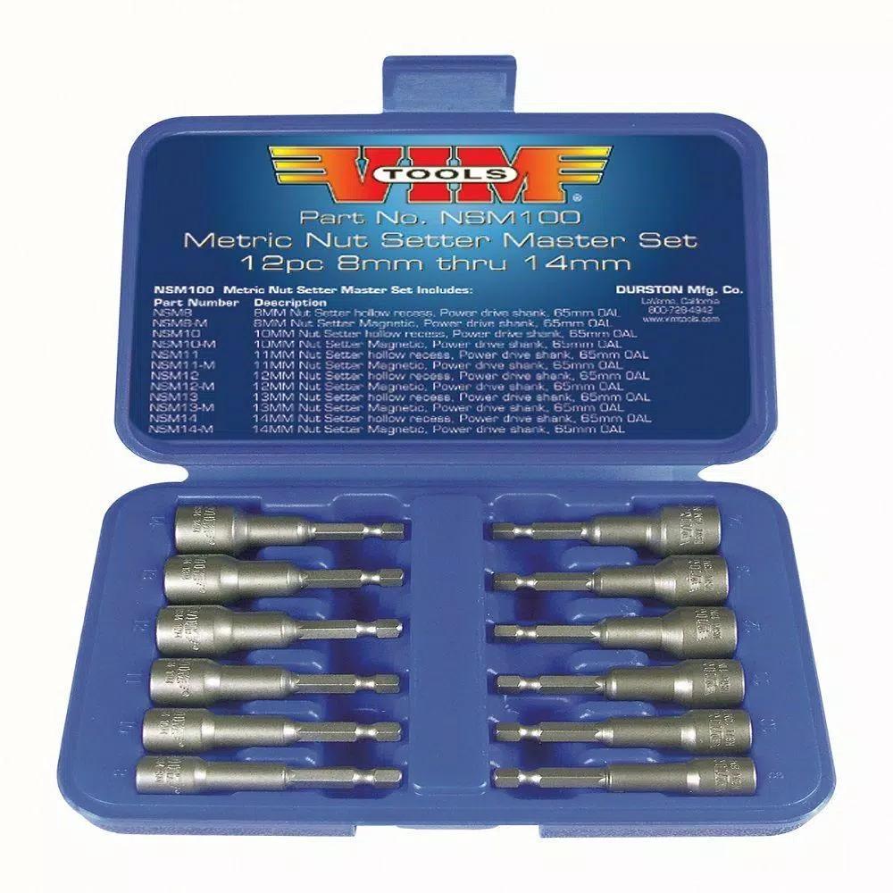 VIM Tools 12-Piece Metric Power Drive Nut Setter Set - Magnetic & Hollow Point Impact Drivers