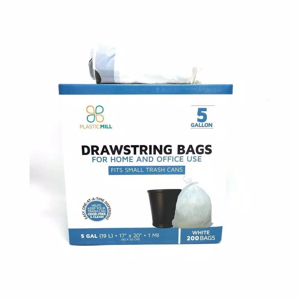 PlasticMill 5 Gallon White Drawstring Trash Bags, 1 mil, 17 in. x 20 in. (200 Count)
