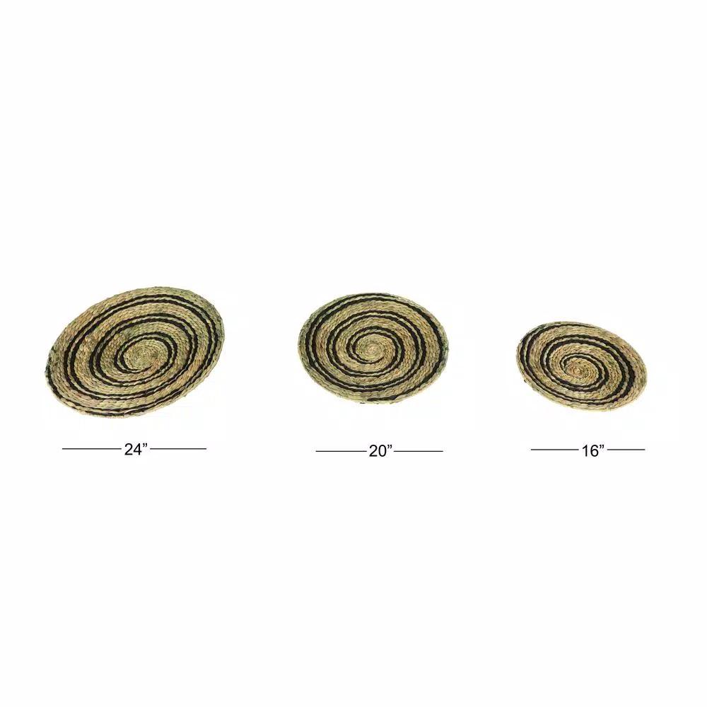 LITTON LANE Natural and Black Spiral Design Wicker Trays, Set of 3