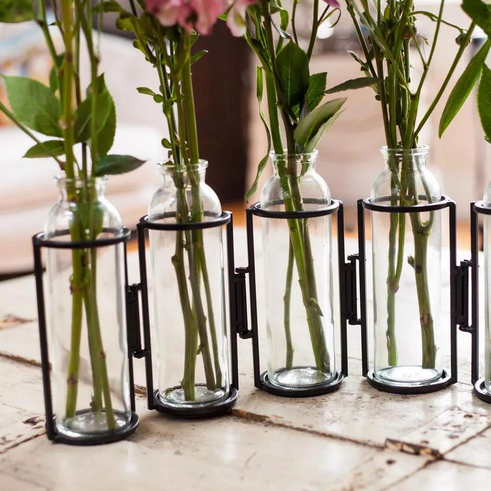 Danya B. 8 in. Hinged 5-Bottle Vase, Black Iron and Clear Glass