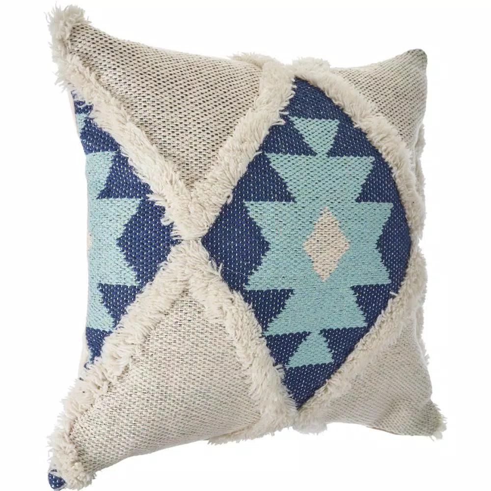 LR Home 20x20 Off White and Blue Tufted Geometric Throw Pillow - Southwestern Winter Paradise