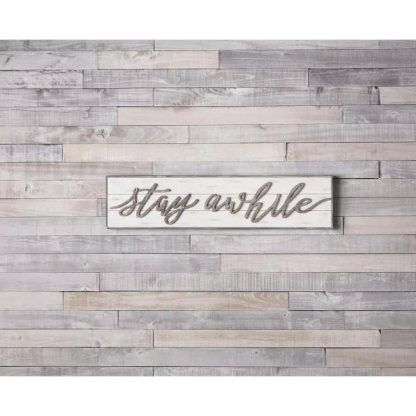 Unbranded Stay Awhile Wood Wall Sign - 48 Inch Weathered White Script Decor