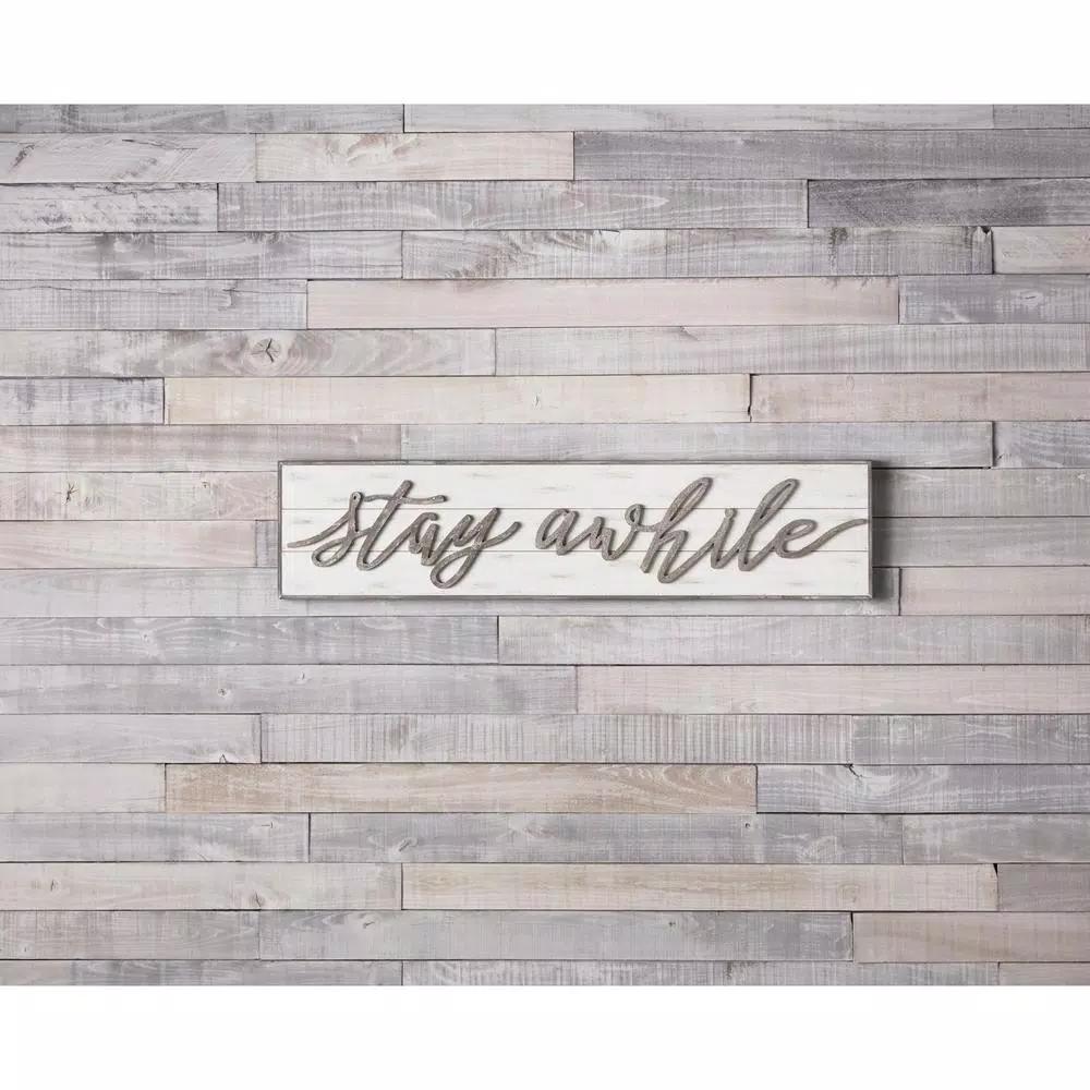 Unbranded Stay Awhile Wood Wall Sign - 48 Inch Weathered White Script Decor