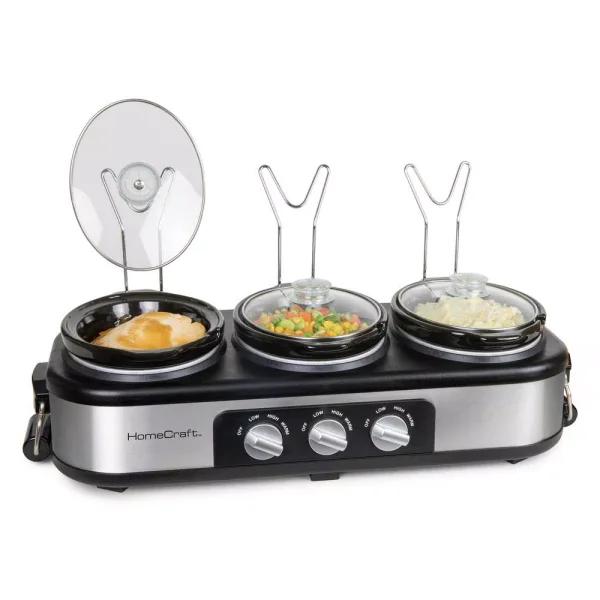 HomeCraft 3-Station Stainless Steel Slow Cooker Buffet with 3 Removable 1.5 qt. Ceramic Pots