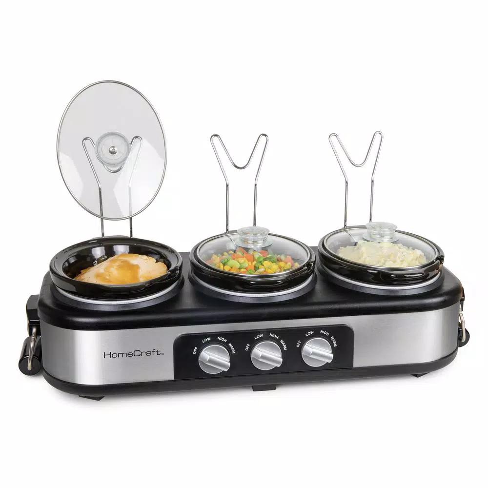 HomeCraft 3-Station Stainless Steel Slow Cooker Buffet with 3 Removable 1.5 qt. Ceramic Pots