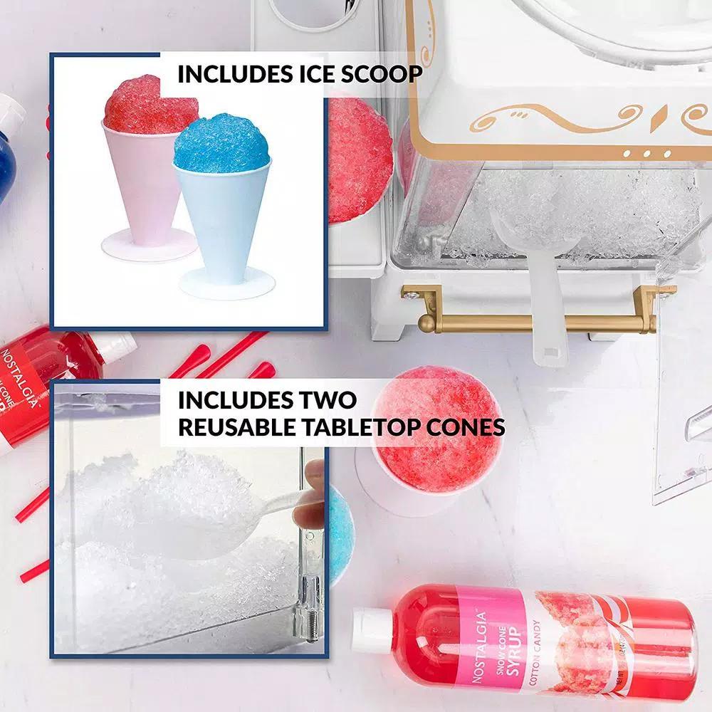 Nostalgia 160 oz. Countertop Snow Cone Maker with Stainless Steel Blades and Reusable Cones - White