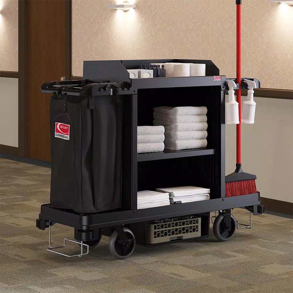 Suncast Commercial Standard Housekeeping Cart with Laundry Bag and Tool Storage, Black