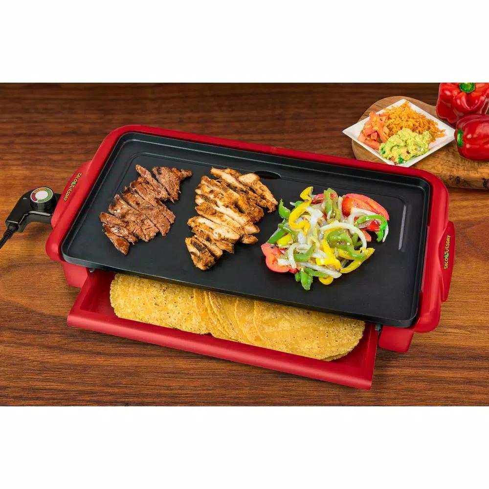 Taco Tuesday 200 sq. in. Red Fiesta Electric Griddle with Warming Drawer and Non-Stick Surface