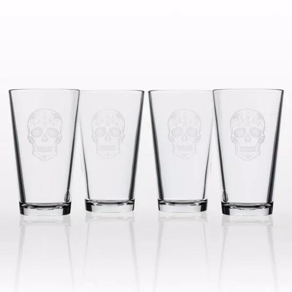 Rolf Glass Sugar Skull 16 oz. Pint Glass Set of 4 - Sand-Etched Glassware
