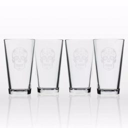 Rolf Glass Sugar Skull 16 oz. Pint Glass Set of 4 - Sand-Etched Glassware thumbnail 1