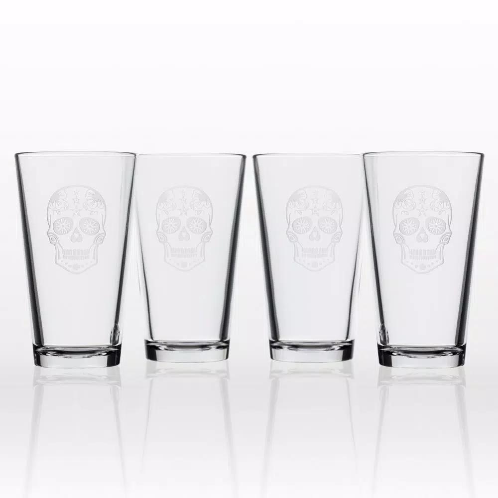 Rolf Glass Sugar Skull 16 oz. Pint Glass Set of 4 - Sand-Etched Glassware