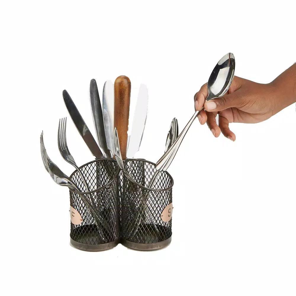 MIND READER Stainless Steel Utensil Caddy & Silverware Organizer with Wood Handle