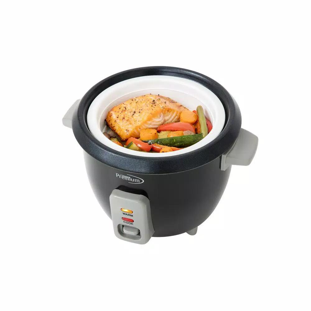 PREMIUM 6-Cup Black Rice Cooker and Steamer with Non-Stick Pot and Tempered Glass Lid
